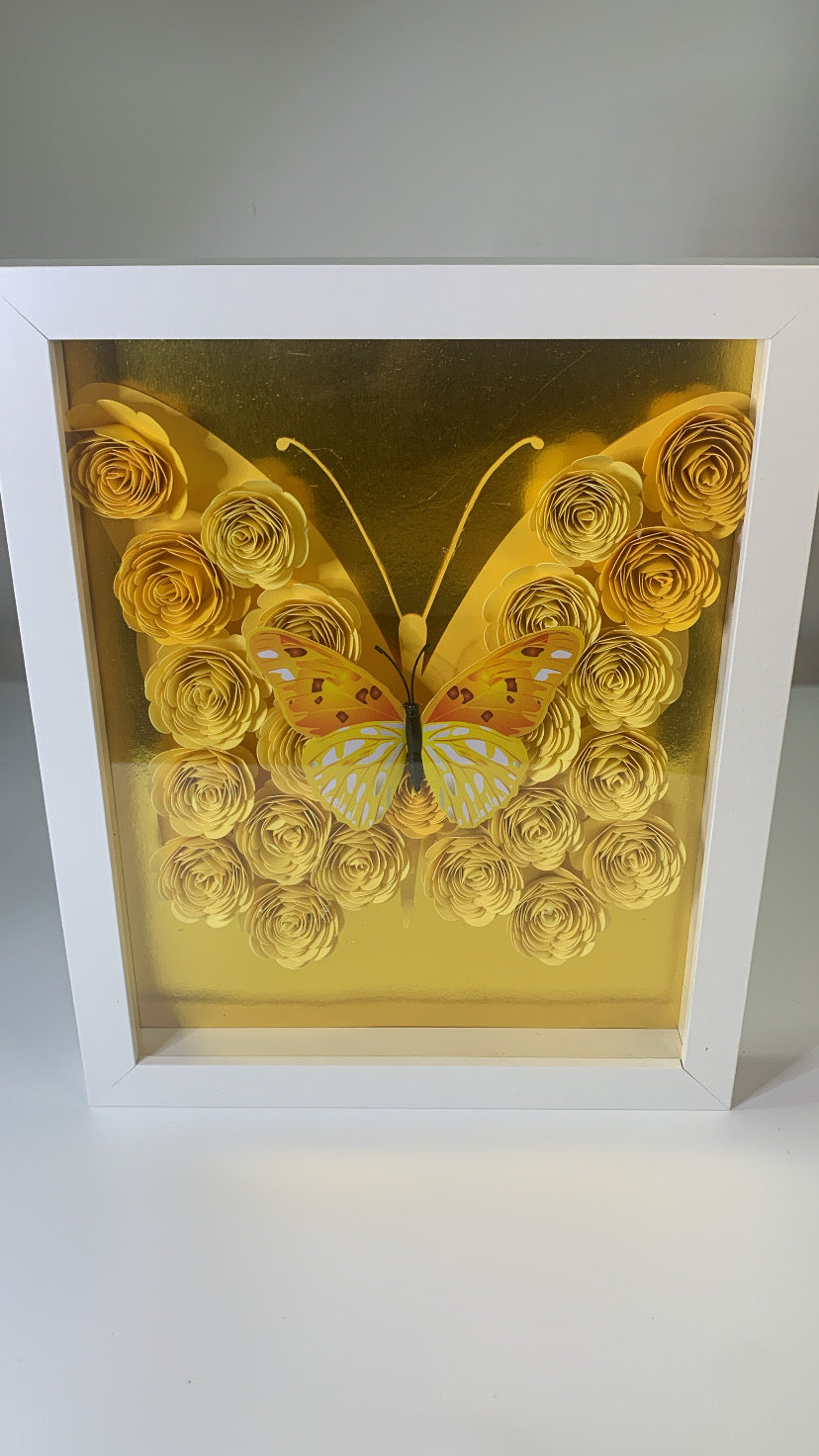 Golden Butterfly Paper Flower Shadow Box