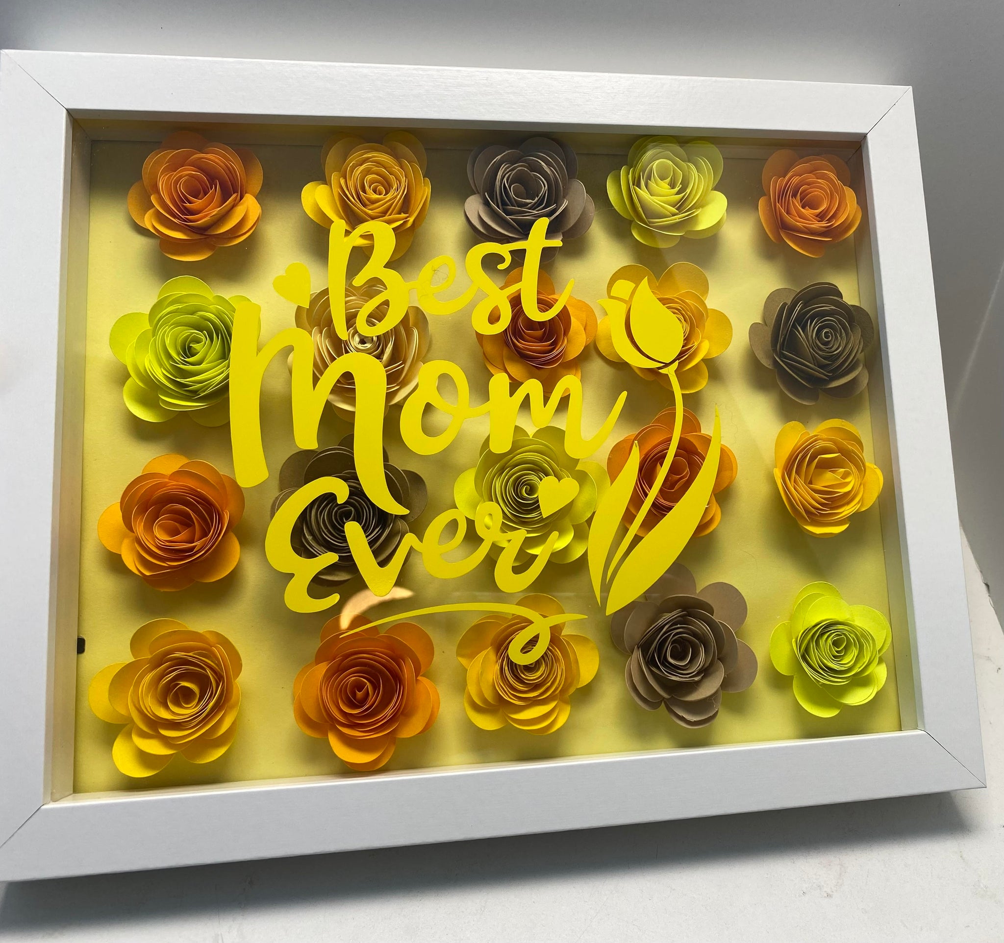 Yellow "Best Mom Ever" Shadow Box, Flower Wall Decor, Yellow Roses, Shades Of Yellow