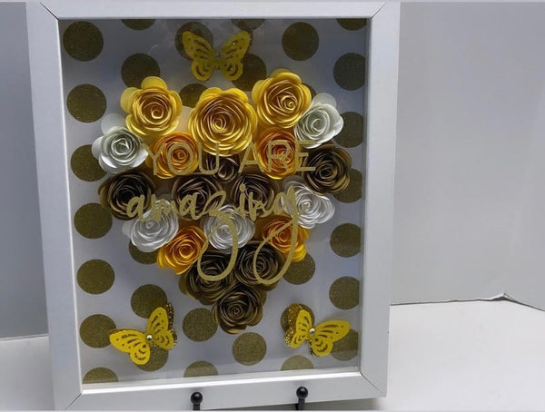 Sparkly Metallic Gold Dots Flower Shadow Box, "You Are Amazing" Personalized Heart Shadow Box, Shadow Box for mom, Birthdays, Mother's Day