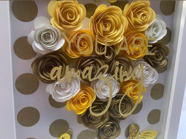 Sparkly Metallic Gold Dots Flower Shadow Box, "You Are Amazing" Personalized Heart Shadow Box, Shadow Box for mom, Birthdays, Mother's Day