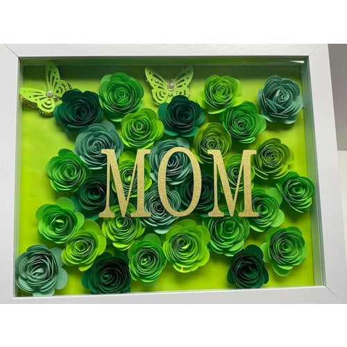 Green Flower Shadow Box with Butterflies, Personalized Shadow Box, Shadow Box for Mom, Birthdays, Anniversary, Mother's Day