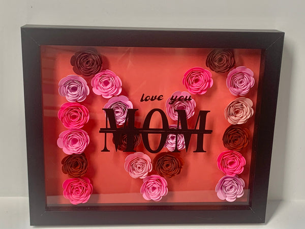 Love You MOM Shades Of Pink "M" Shaped, Flower Shadow Box, Wall Frame, Mother's Day