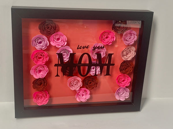 Love You MOM Shades Of Pink "M" Shaped, Flower Shadow Box, Wall Frame, Mother's Day