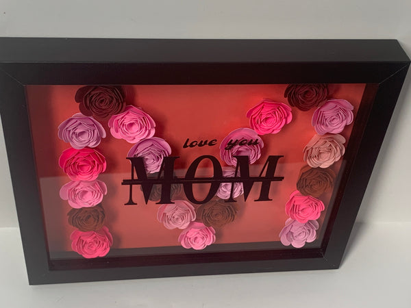 Love You MOM Shades Of Pink "M" Shaped, Flower Shadow Box, Wall Frame, Mother's Day