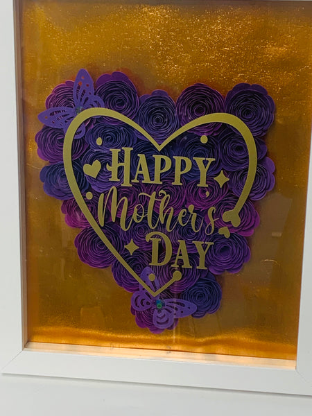 Purple Heart Flower Shadow Box, Happy Mother's Day Heart Shaped Flowers