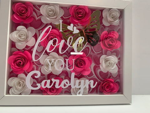 Pink & White Roses, "I Love You", Happy Mother's Day, Personalized Shadow Box, Shadow Box for Mom, Birthdays, Anniversary, Mother's Day