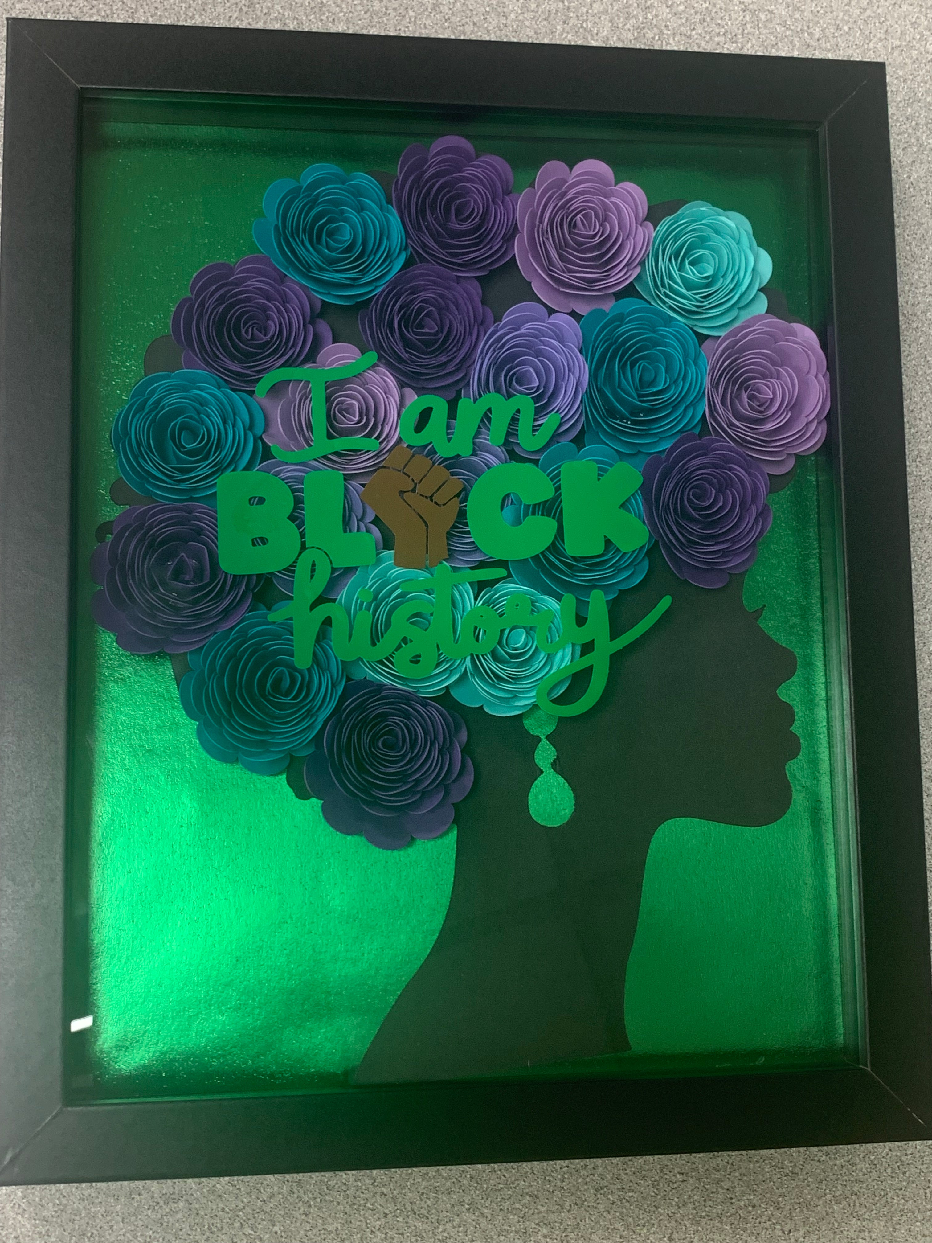 Afro Hair Hand Rolled Flowers Afro Queen Shadow Box Wall Frame | Green, Purple, Turquoise Flowers