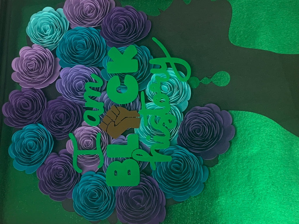 Afro Hair Hand Rolled Flowers Afro Queen Shadow Box Wall Frame | Green, Purple, Turquoise Flowers