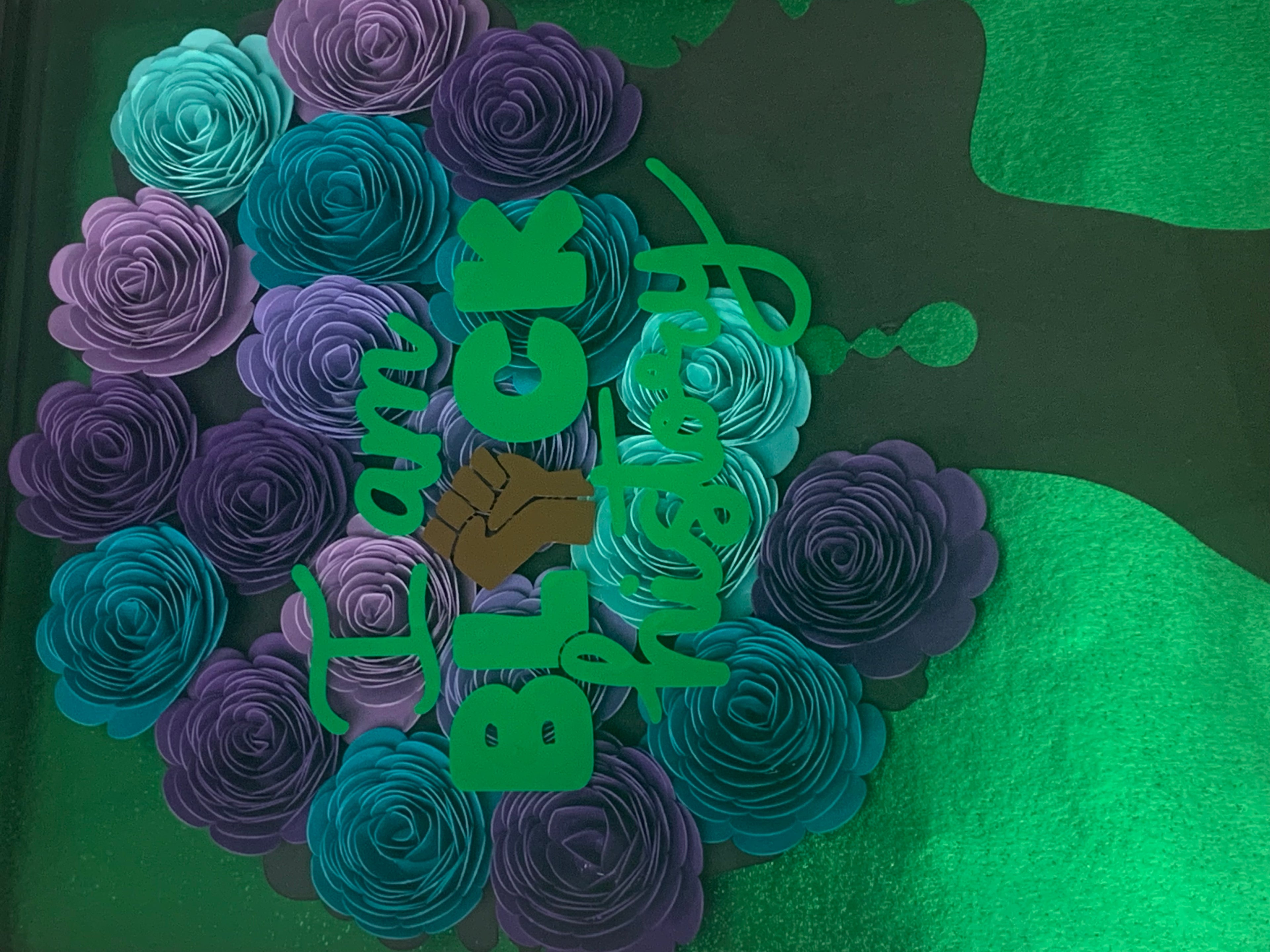 Afro Hair Hand Rolled Flowers Afro Queen Shadow Box Wall Frame | Green, Purple, Turquoise Flowers