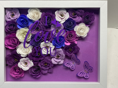 Shades Of Purple, Violet & White Flower Shadow Box, "I Love You" Personalized Shadow Box, Shadow Box for mom, Birthdays, Mother's Day