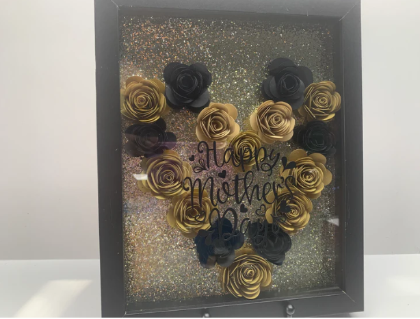 Brown & Black Heart Shaped Flower Shadow Box, "Happy Mother's Day" Personalized Heart Shadow Box, Shadow Box for mom, Birthdays, Mother's Day