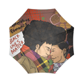 Red, Brown, Green umbrella featuring Akoma heart symbol, Afrocentric economic design, Black Lives Matter theme, automatic open canopy, and compact size. Close-up of Akoma heart symbol on Afrocentric umbrella, highlighting cultural Adinkra design, symbolic heart shape, and printed polyester material