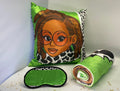 Afrocentric Goddess Locs 3-piece lounge set featuring pillowcase, eye mask, and throw blanket with elegant loc’d hair illustration and coordinated cultural design