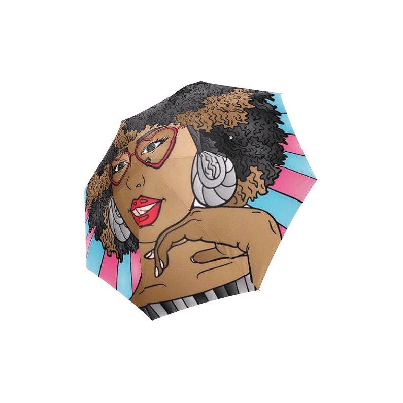 Feisty Suzanna Umbrella with colorful vibrant colors, blue and pink and the image of the front is sassy and full of personality, and heart glasses. 