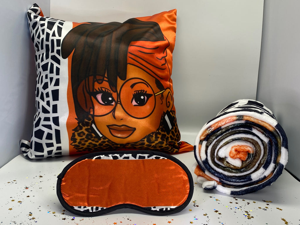 Afrocentric Loc’d In Lux 3-piece lounge set featuring pillowcase, eye mask, and throw blanket with loc’d hair artwork, printed fabric design, and coordinated cultural pattern. Afrocentric pillowcase featuring Loc’d In Lux artwork of loc’d hair portrait, smooth printed fabric, and cultural illustration design for bedroom décor.