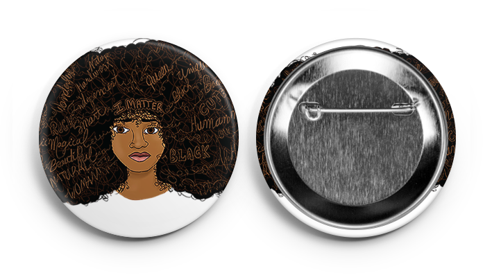 Afro hair black girl with affirmation words in her hair button