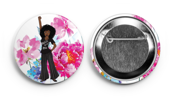 a pin showing a black girl holding her fist up 