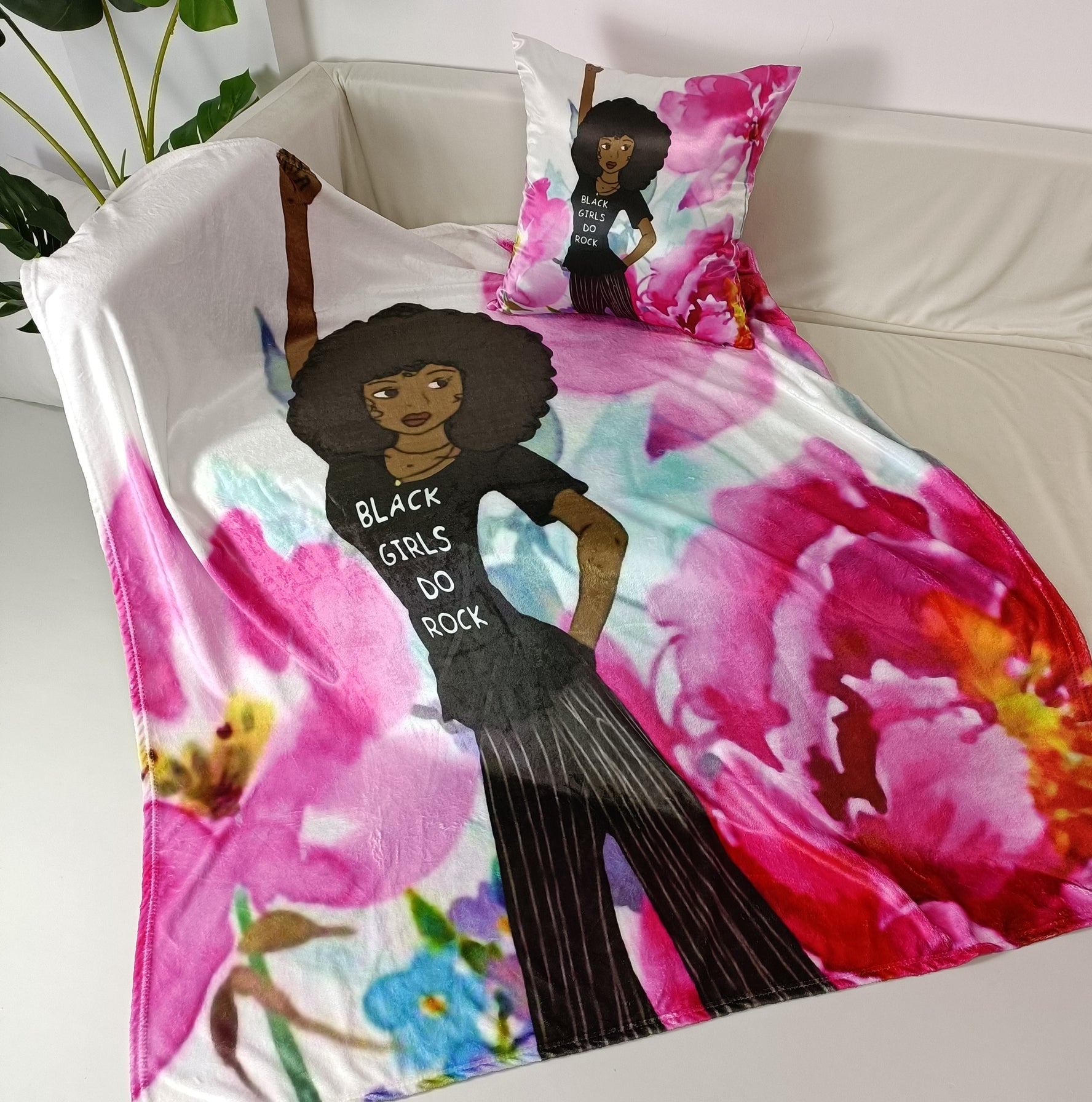 3 Piece Black Girls Rock Beautiful Pillowcase, EyeMask, Throw Blanket Bundle Lounge Set