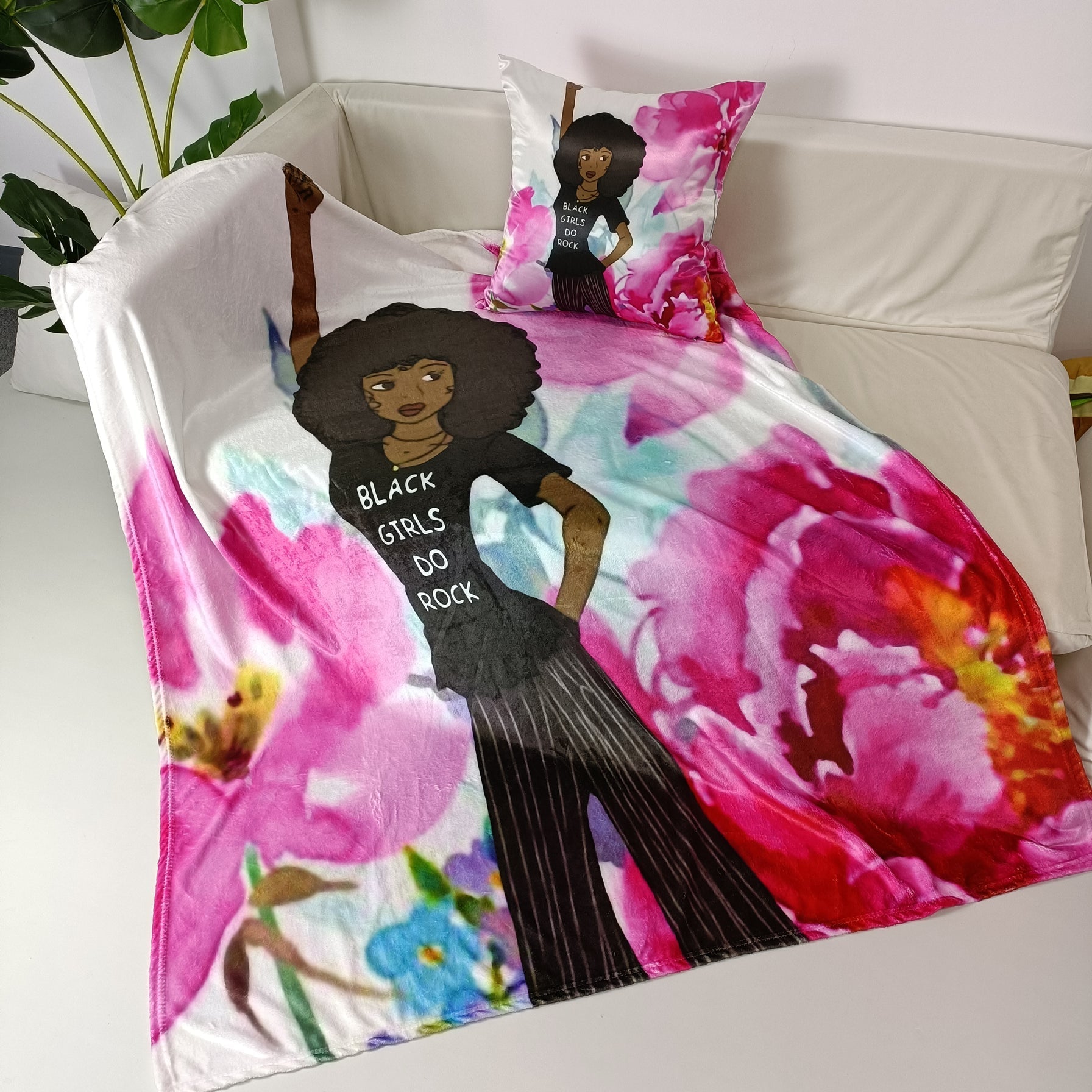 3 Piece Black Girls Rock Beautiful Pillowcase, EyeMask, Throw Blanket Bundle Lounge Set