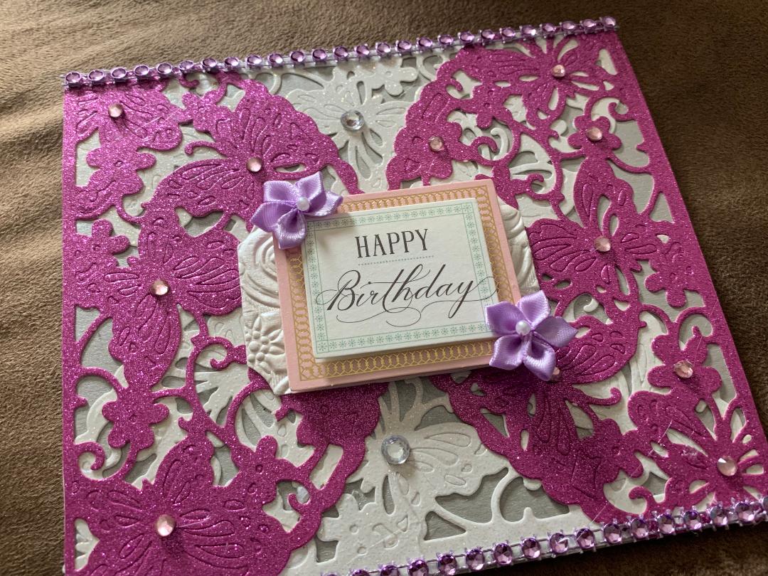 Beautiful Lacy Wing Card Purple & Silver